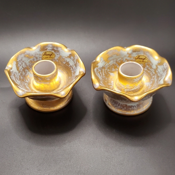 1950's Stangl Antique Gold Light Blue Pair Candle Holders Candle Bowls EUC #5069 - Picture 2 of 8